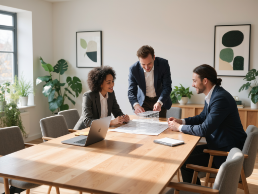 Team of diverse professionals working together in modern office with ocean theme decorations