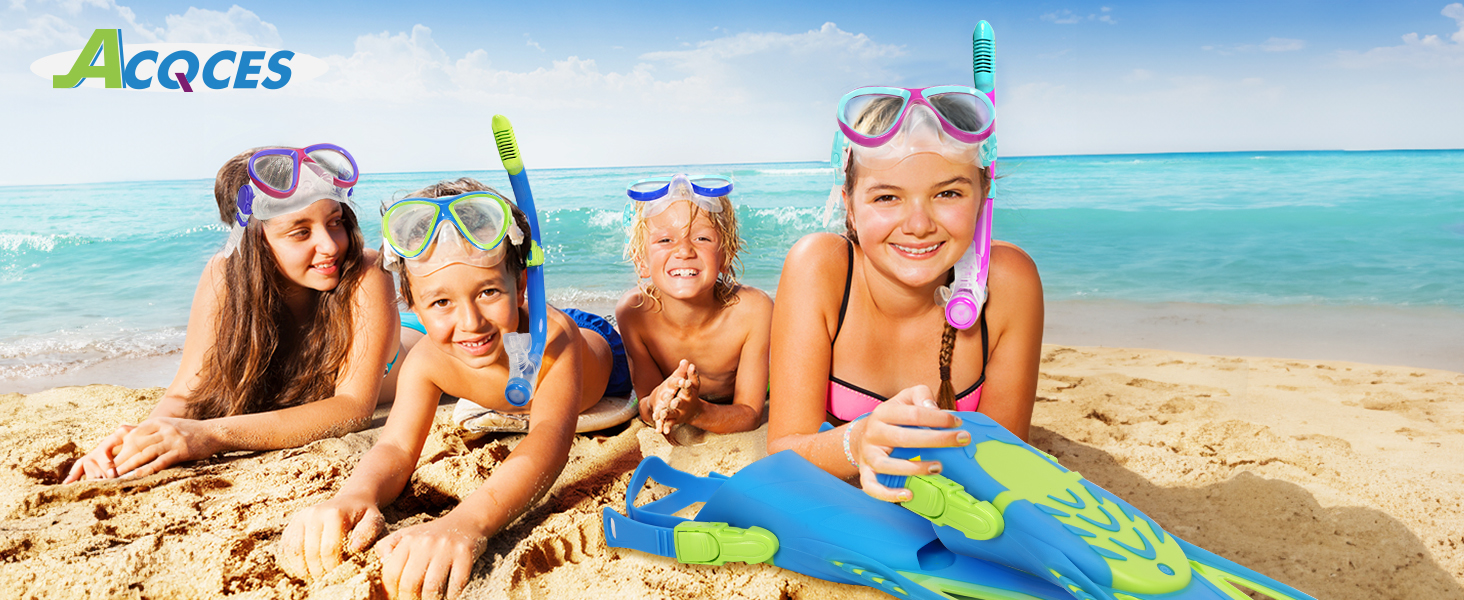 Complete snorkeling set including mask, tube, and fins in bright colors on clean background